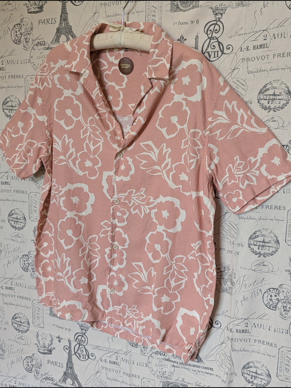 Common People Hugo Print Coral Floral Short-Sleeve Button-Down Shirt
